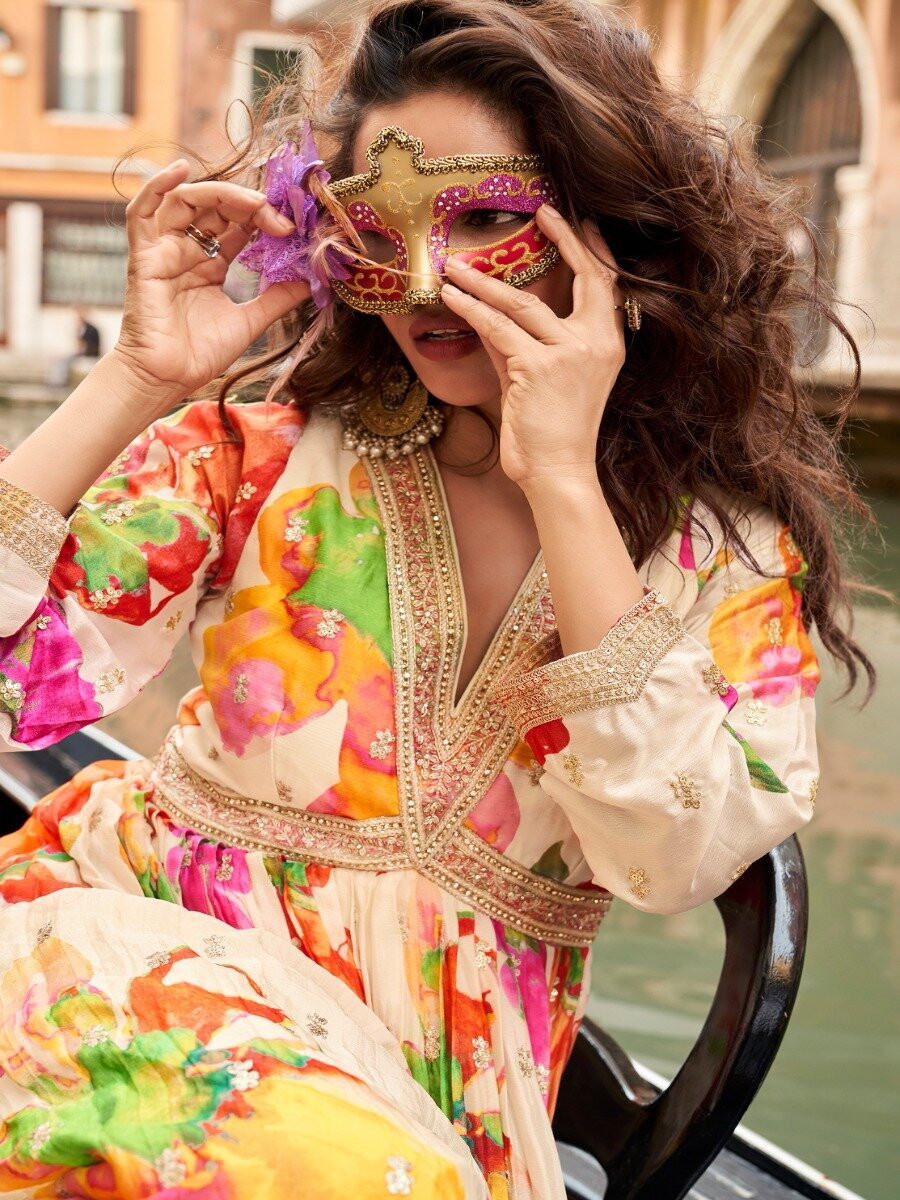 Off White Chinon Embroidery Zari Sequins Wedding Party Festival Ready Anarkali Salwar Kameez