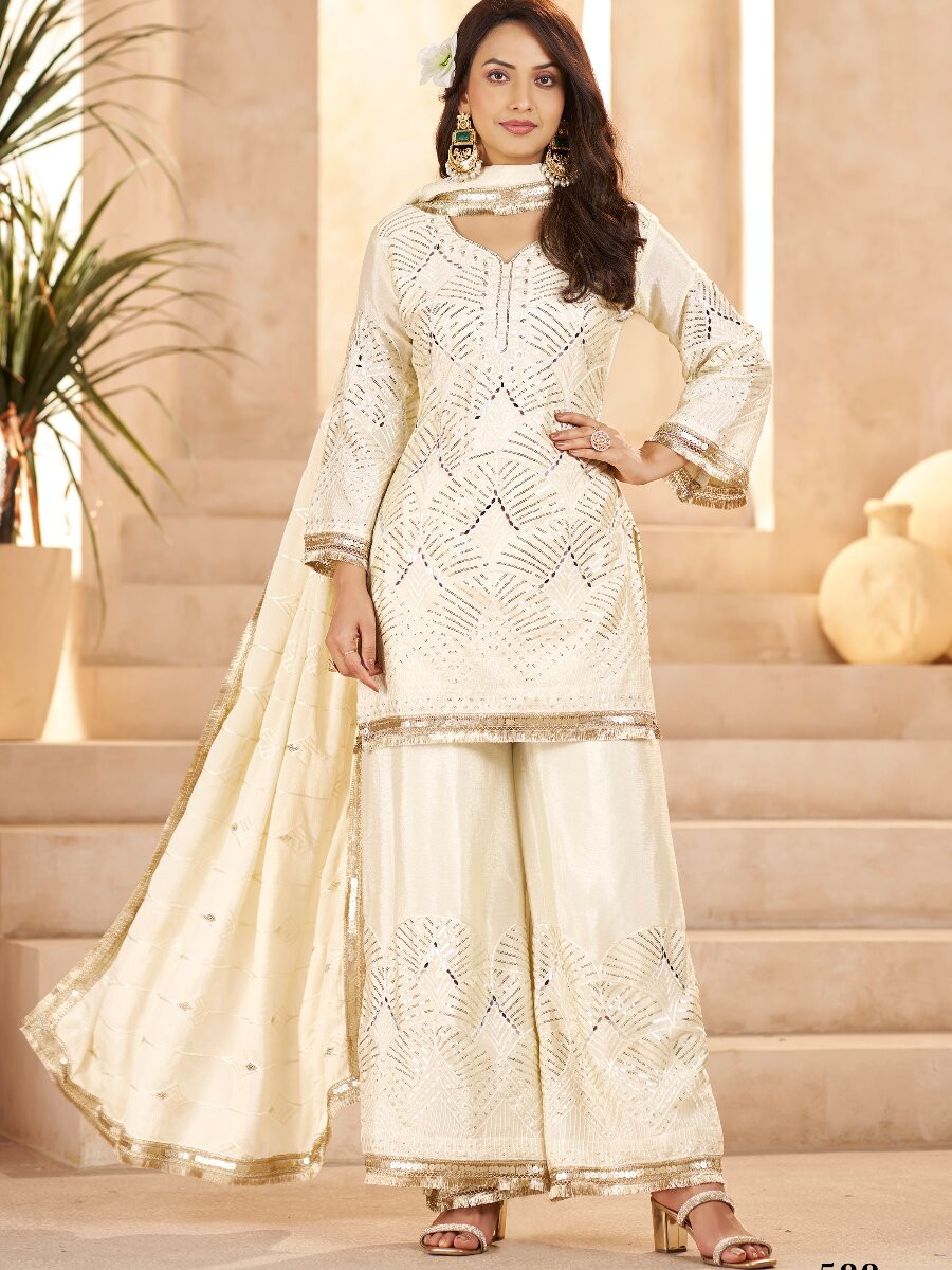 Off White Chinon Sequins Wedding Party Festival Casual Palazzo Pant Salwar Kameez