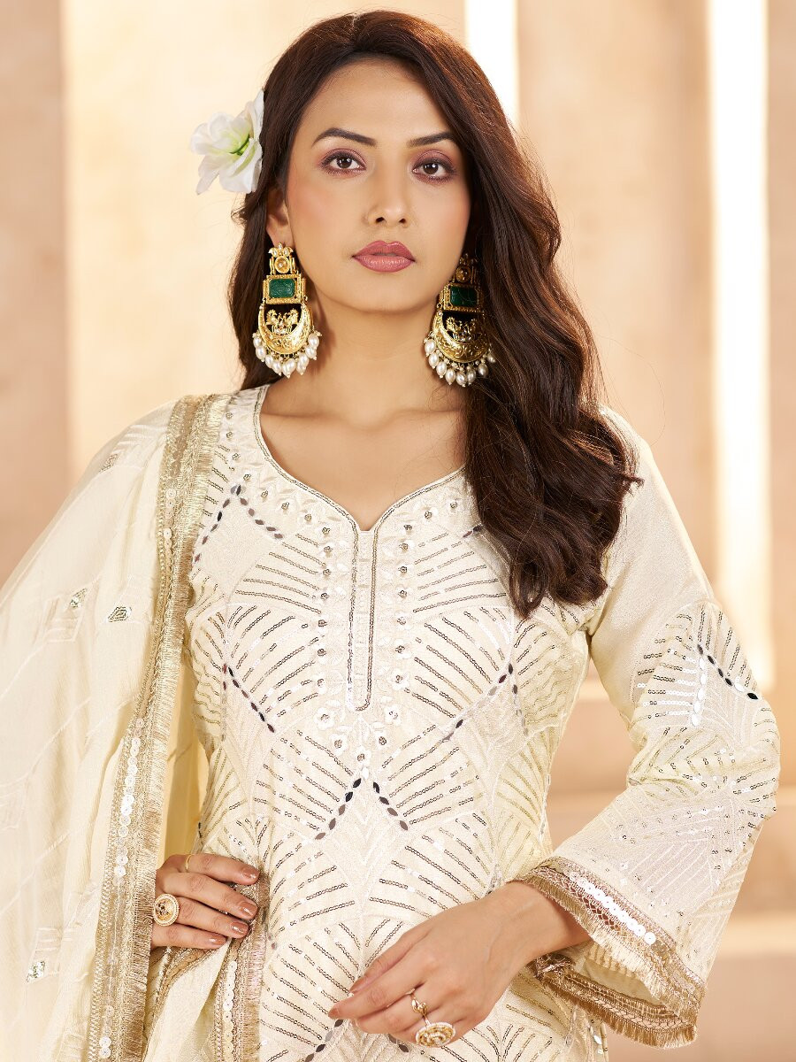 Off White Chinon Sequins Wedding Party Festival Casual Palazzo Pant Salwar Kameez