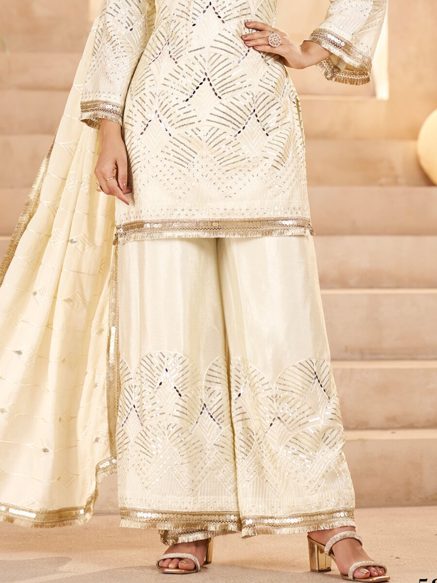 Off White Chinon Sequins Wedding Party Festival Casual Palazzo Pant Salwar Kameez