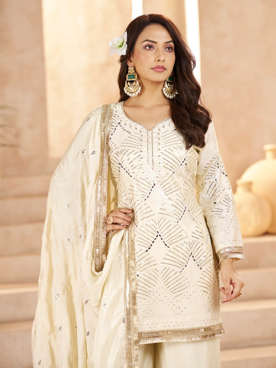 Off White Chinon Sequins Wedding Party Festival Casual Palazzo Pant Salwar Kameez