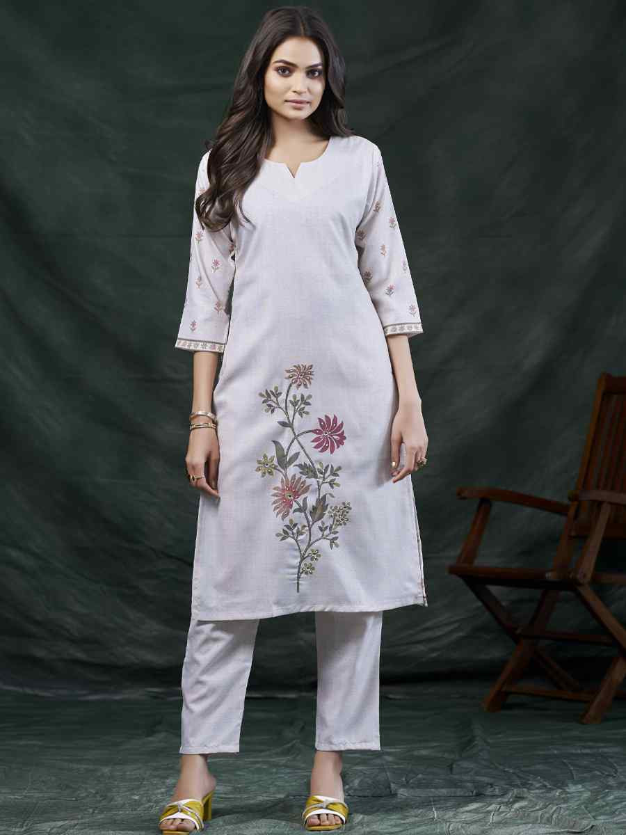 Off-White Cotton Linen Embroidered Festival Casual Kurti