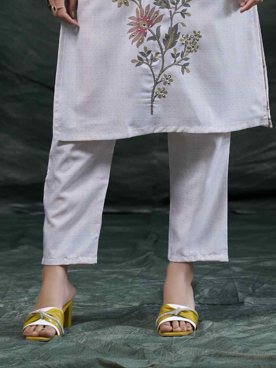 Off-White Cotton Linen Embroidered Festival Casual Kurti