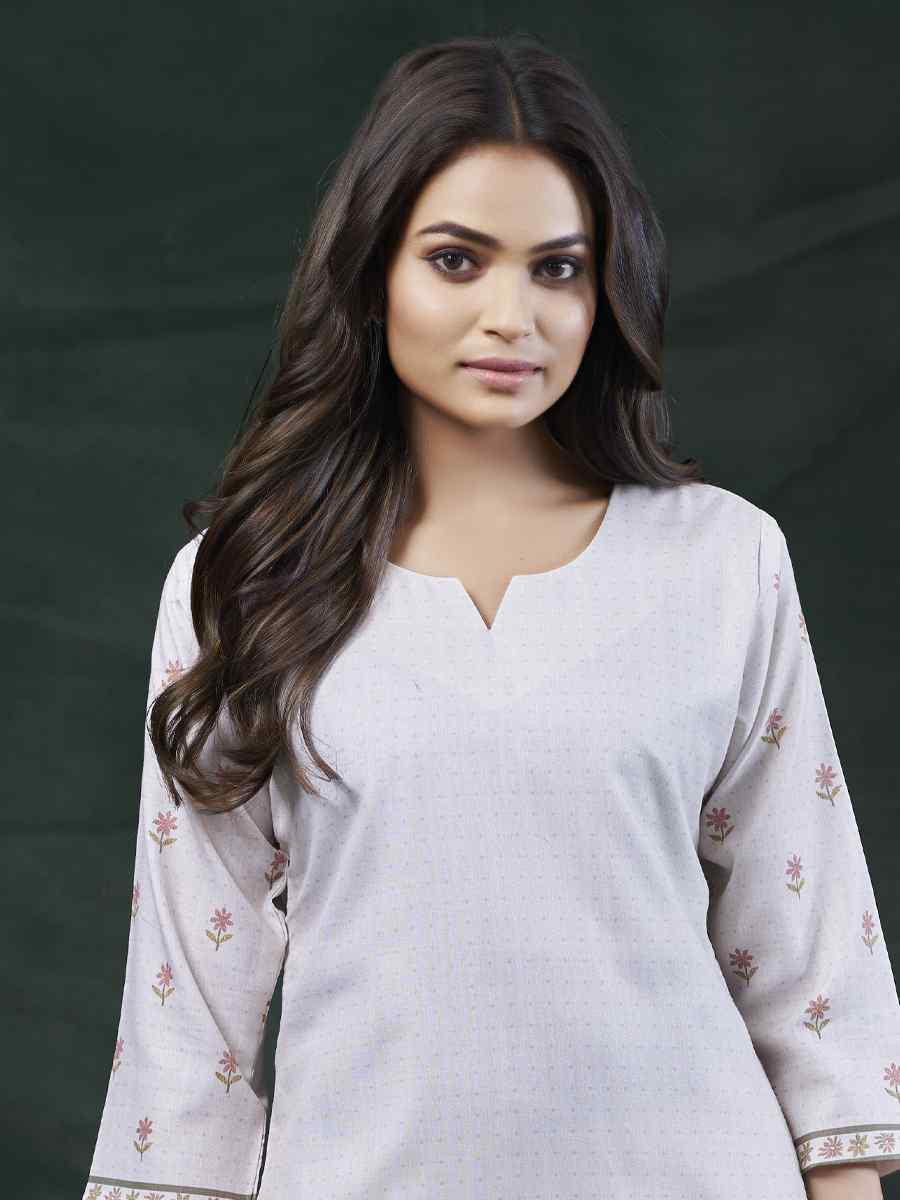 Off-White Cotton Linen Embroidered Festival Casual Kurti