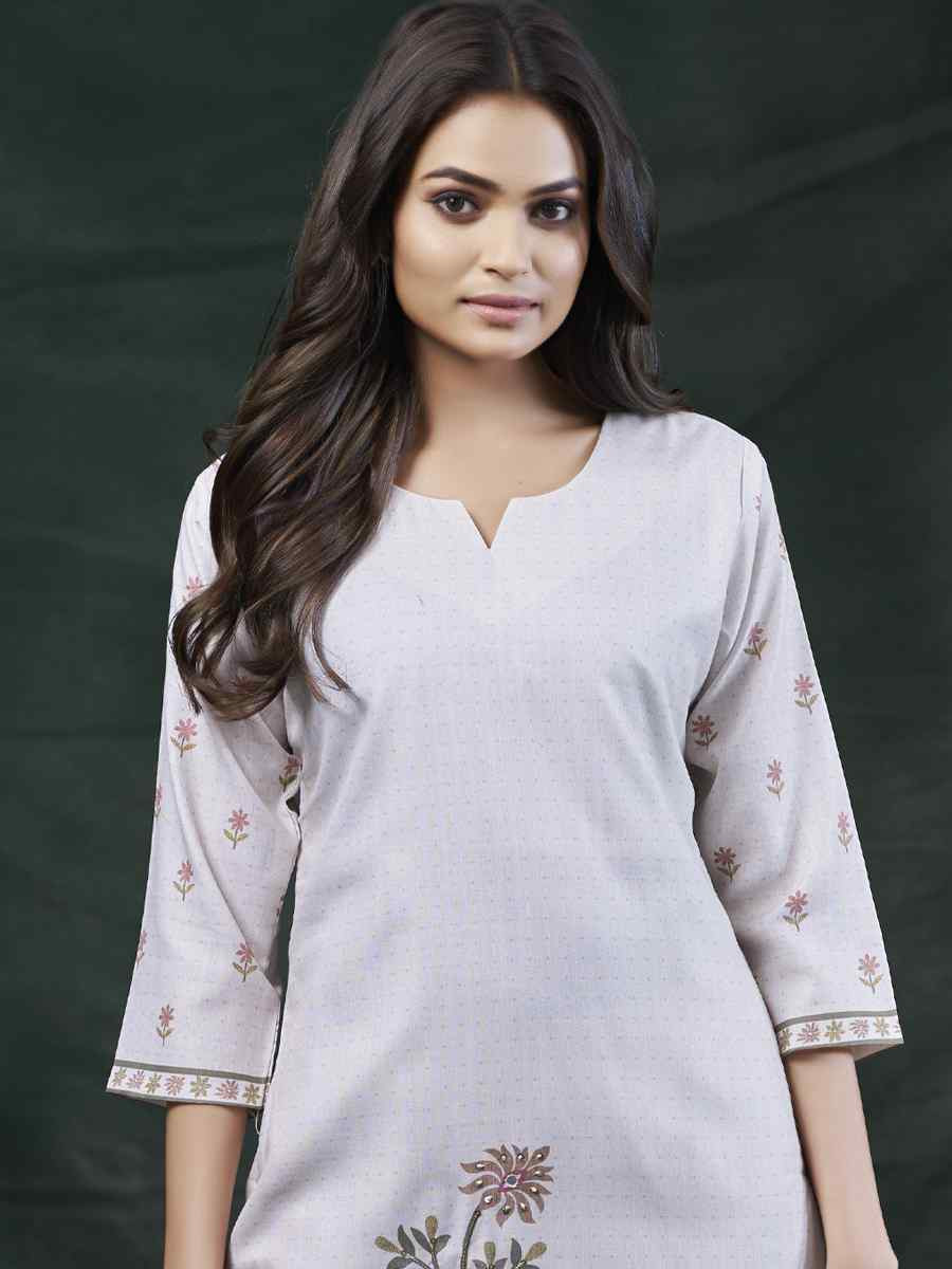 Off-White Cotton Linen Embroidered Festival Casual Kurti