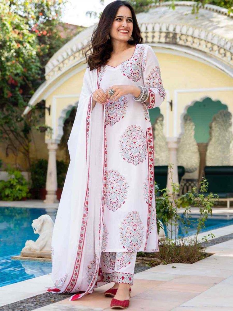 Off White Cotton Printed Festival Casual Ready Pant Salwar Kameez