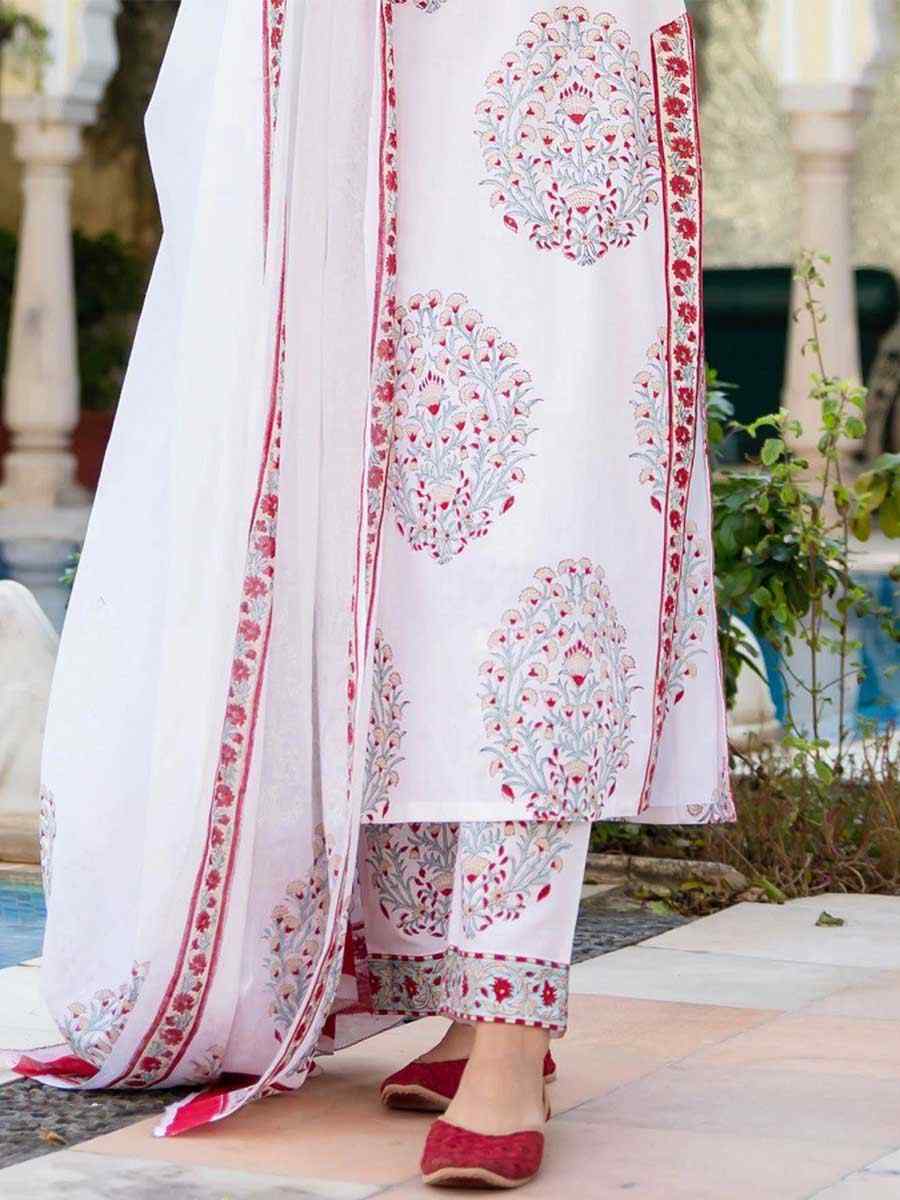 Off White Cotton Printed Festival Casual Ready Pant Salwar Kameez