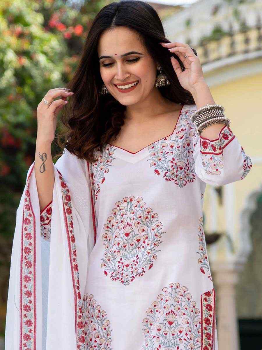 Off White Cotton Printed Festival Casual Ready Pant Salwar Kameez