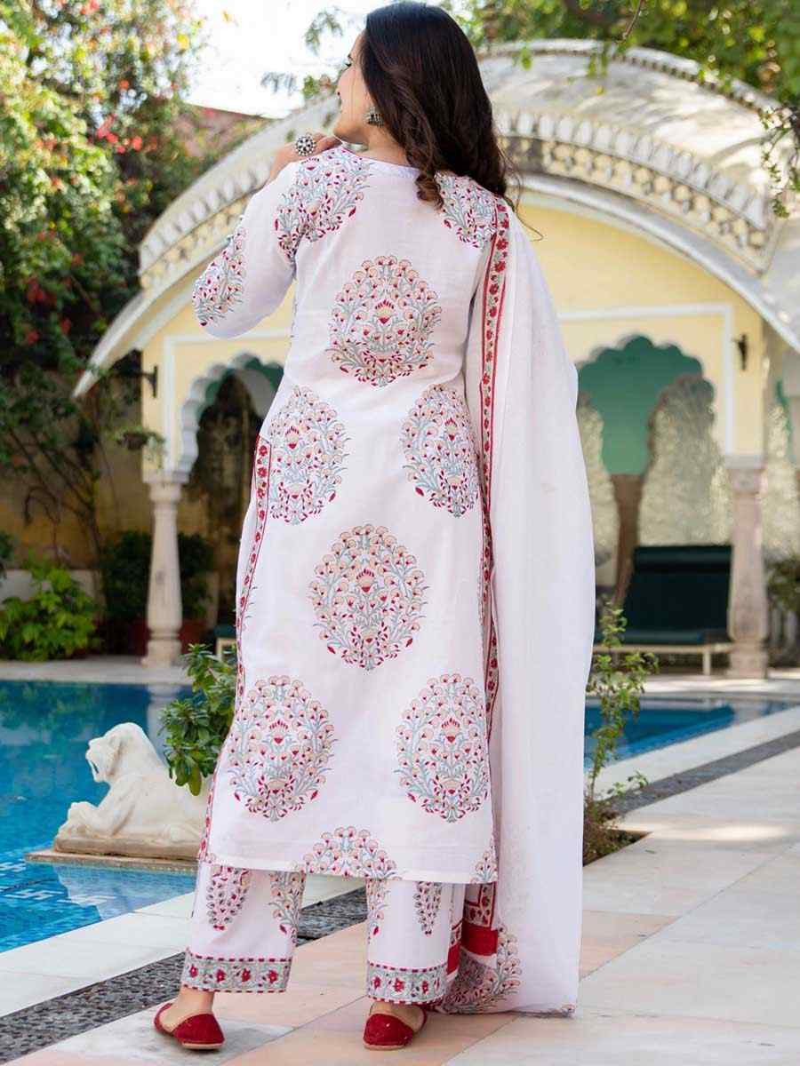 Off White Cotton Printed Festival Casual Ready Pant Salwar Kameez