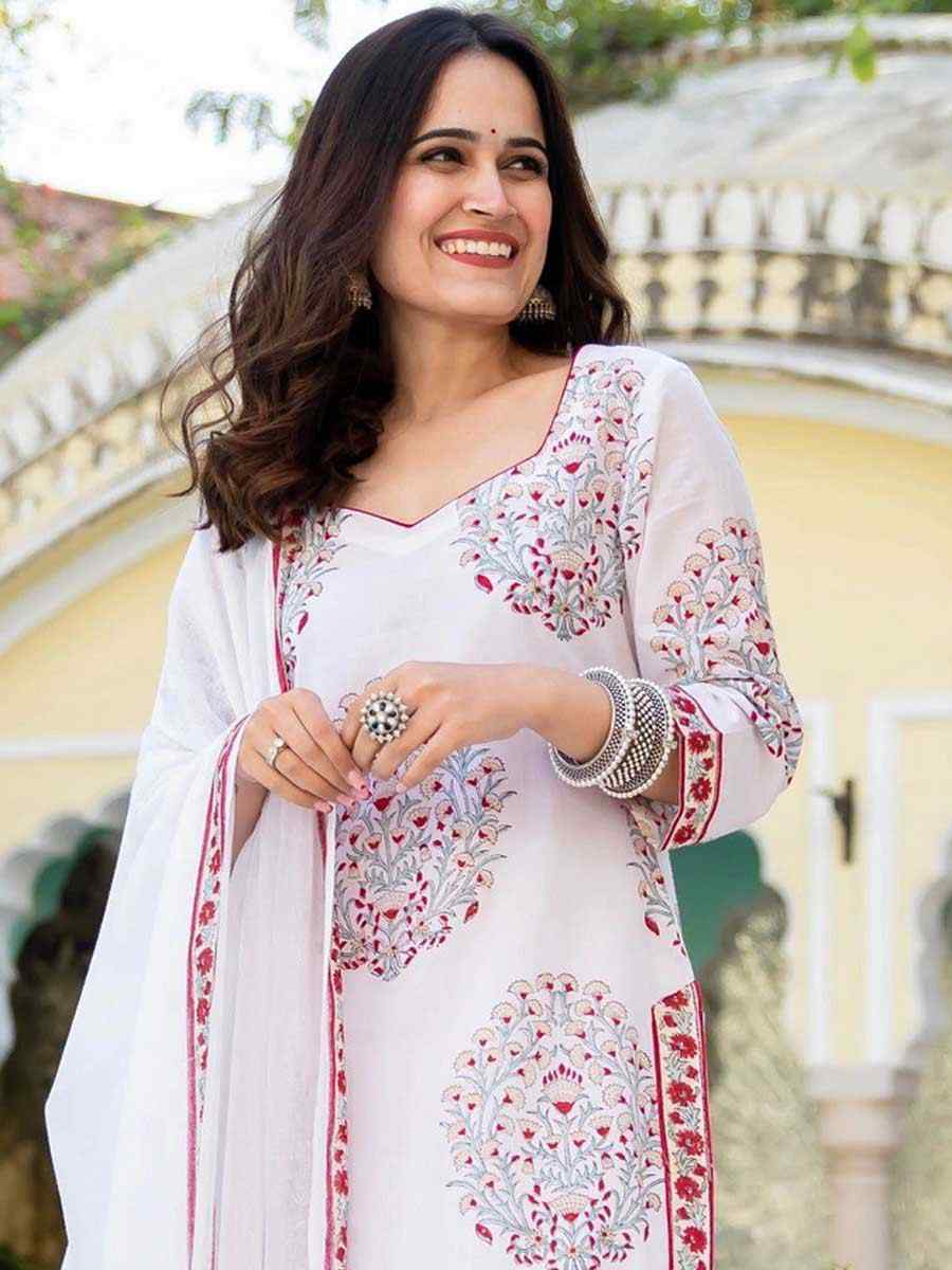 Off White Cotton Printed Festival Casual Ready Pant Salwar Kameez