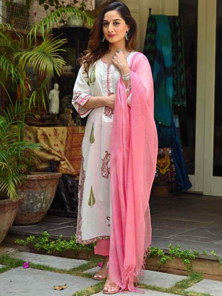 Off White Cotton Printed Festival Casual Ready Pant Salwar Kameez