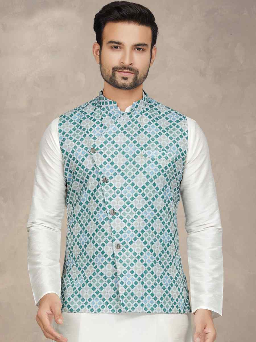 Off White Cotton Printed Festival Party Kurta