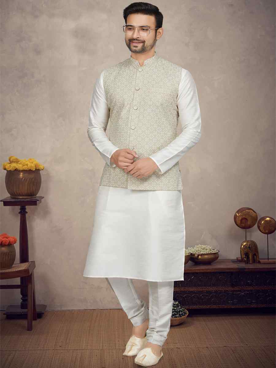 Off White Cotton Printed Festival Party Kurta