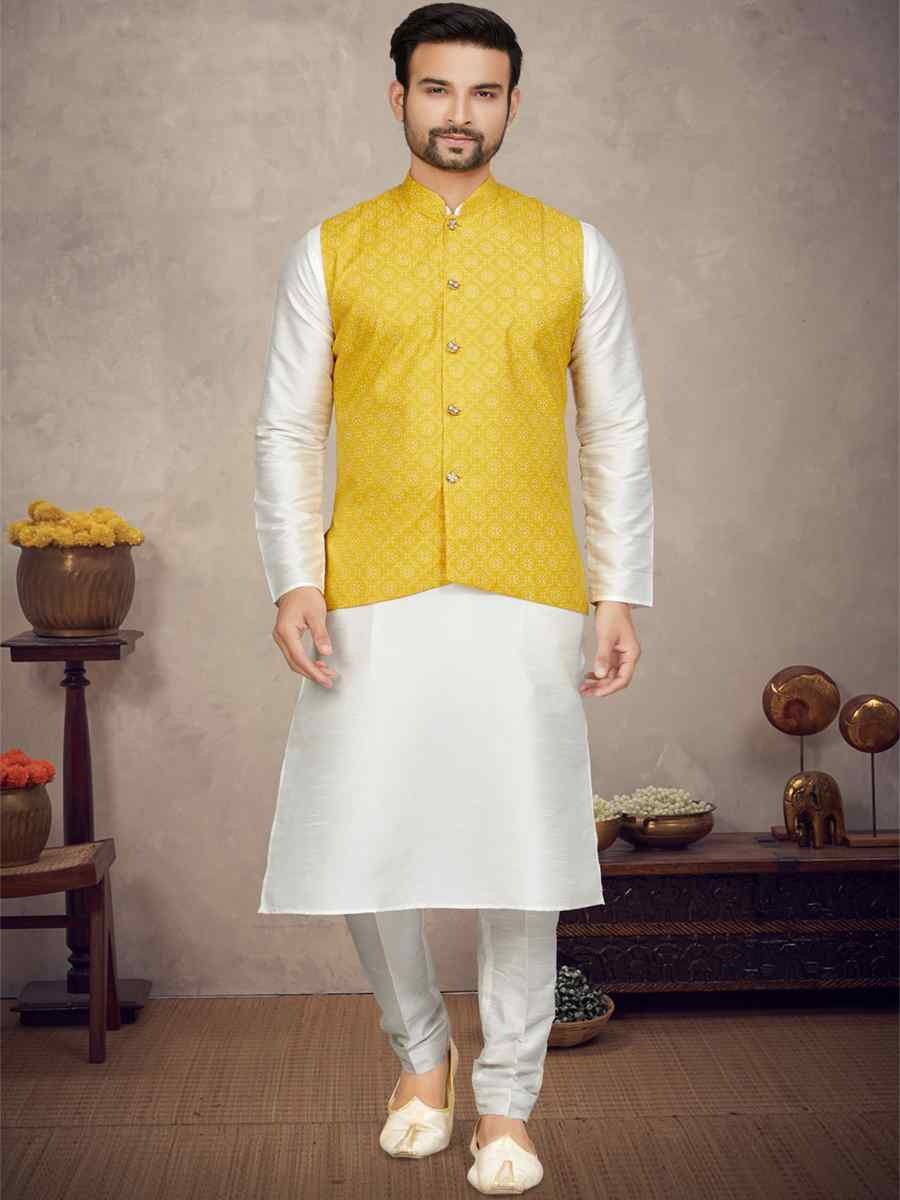 Off White Cotton Printed Festival Party Kurta