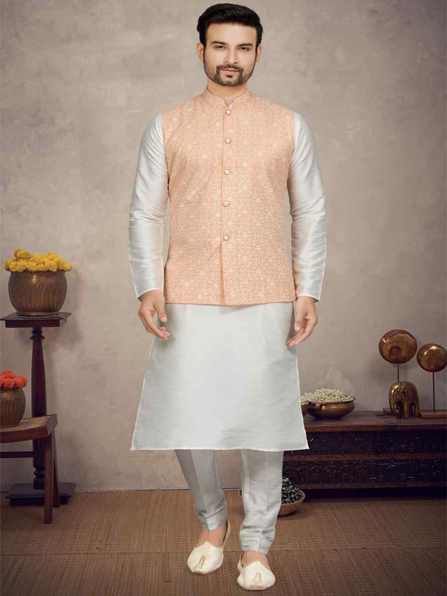 Off White Cotton Printed Festival Party Kurta