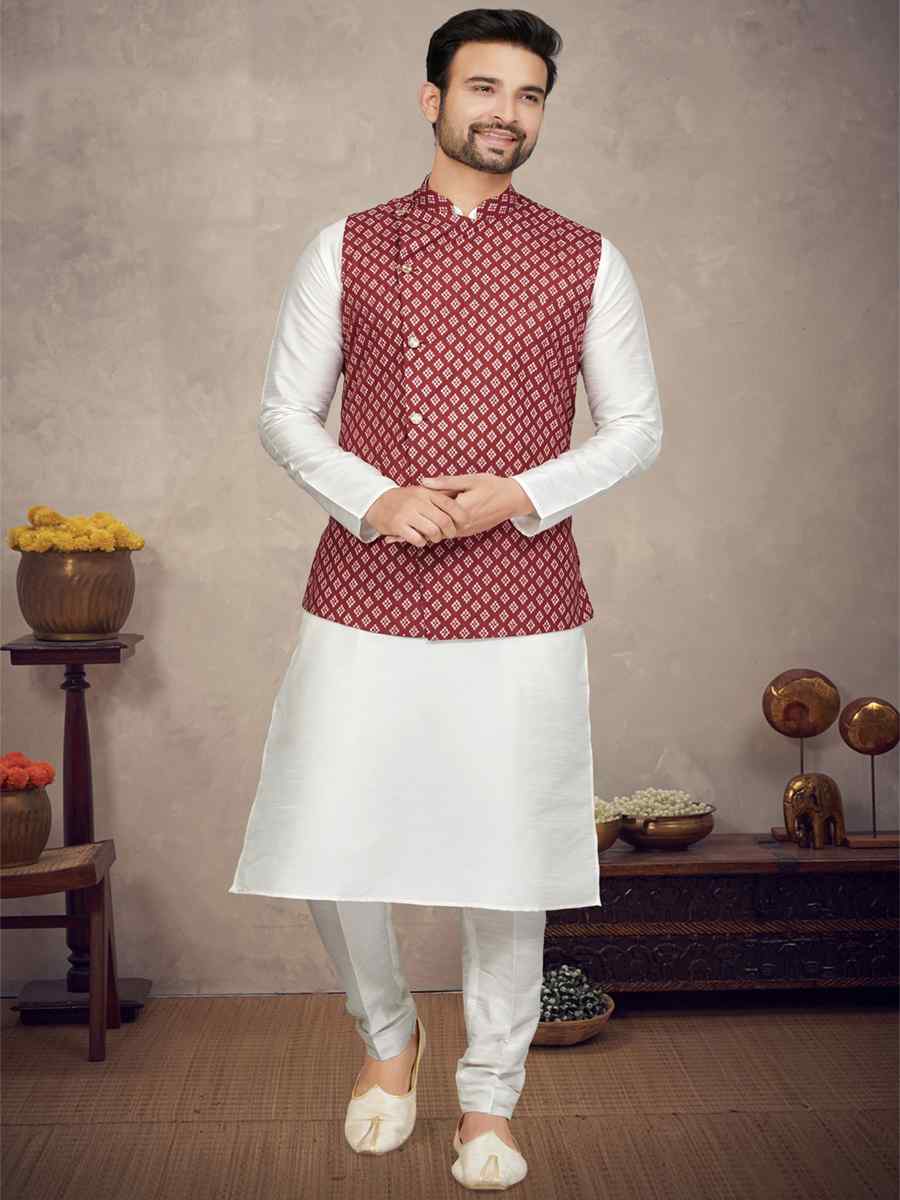 Off White Cotton Printed Festival Party Kurta