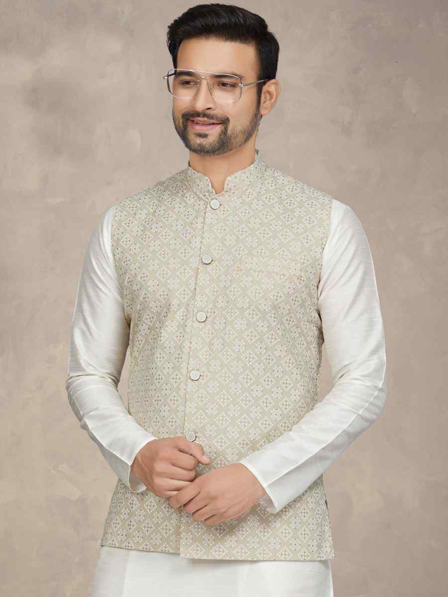 Off White Cotton Printed Festival Party Kurta