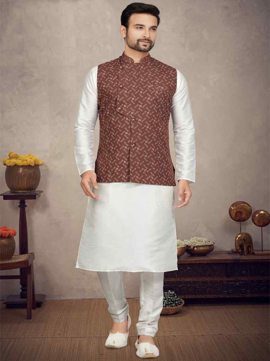 Off White Cotton Printed Festival Party Kurta