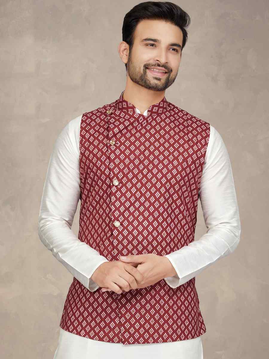 Off White Cotton Printed Festival Party Kurta