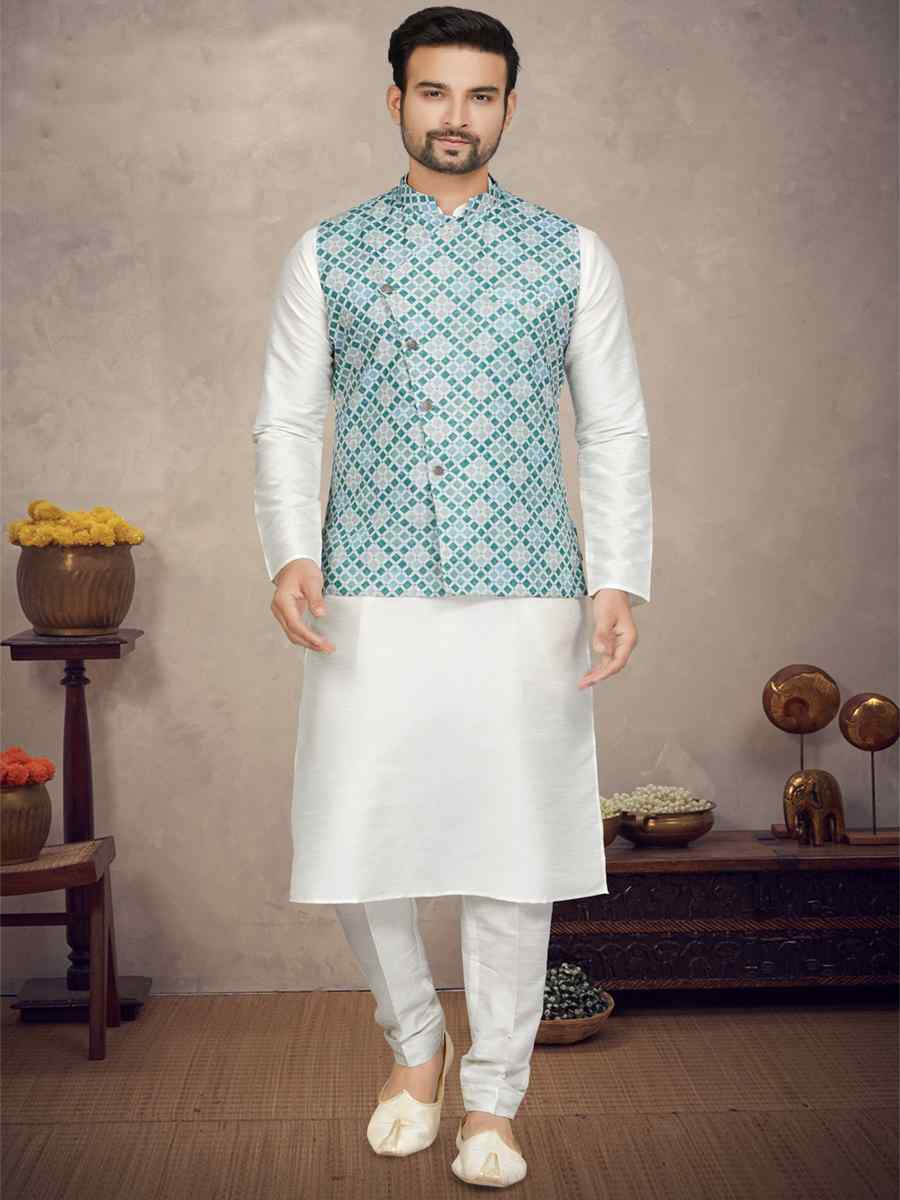 Off White Cotton Printed Festival Party Kurta