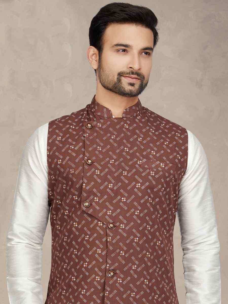 Off White Cotton Printed Festival Party Kurta