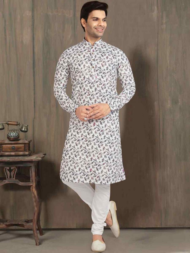 Off White Cotton Printed Festival Wedding Kurta