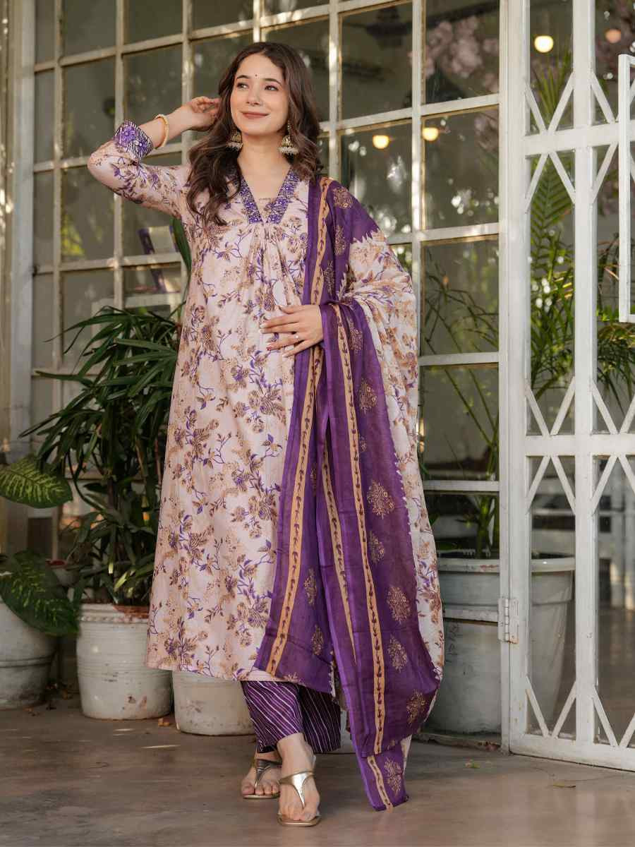 Off White Cotton Printed Party Casual Ready Pant Salwar Kameez