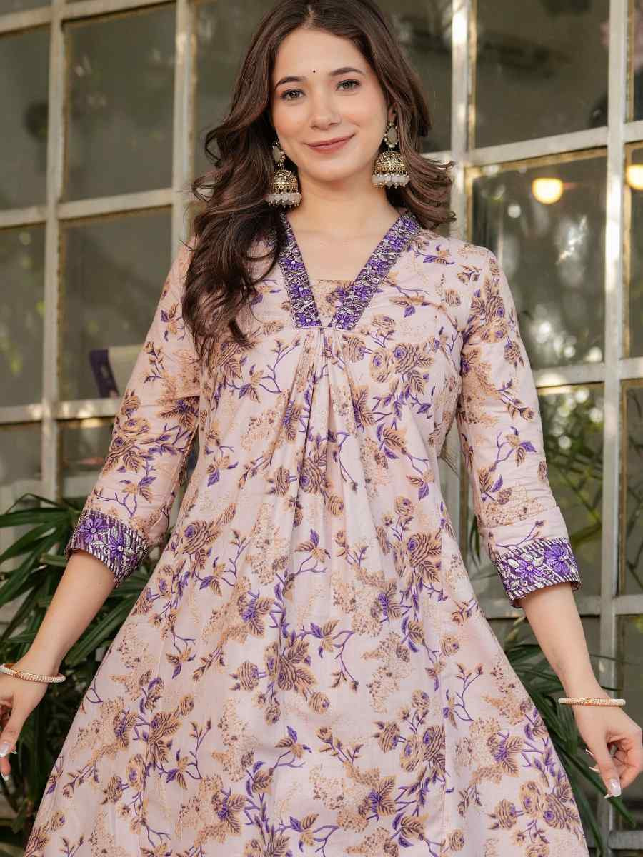 Off White Cotton Printed Party Casual Ready Pant Salwar Kameez