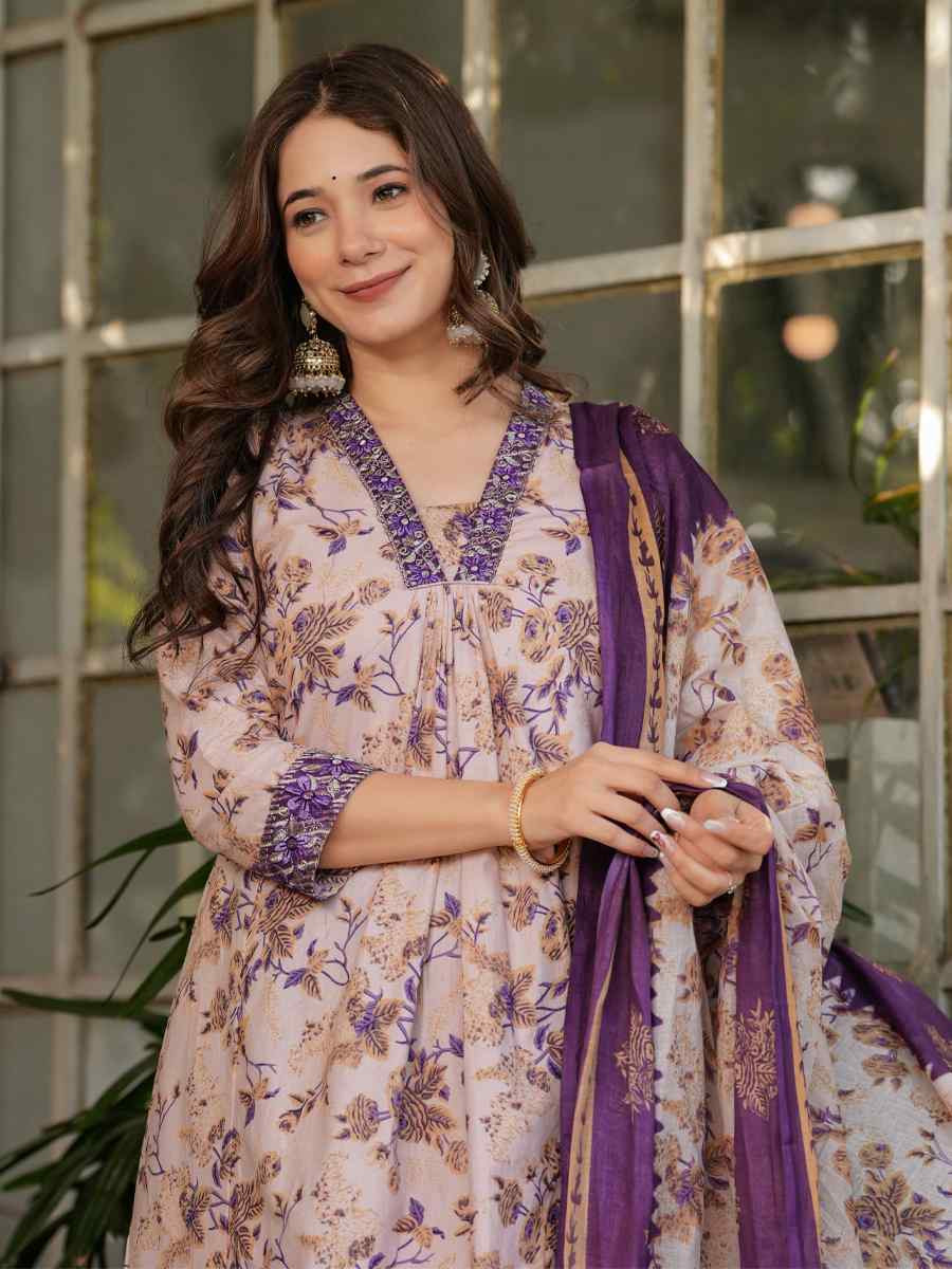 Off White Cotton Printed Party Casual Ready Pant Salwar Kameez