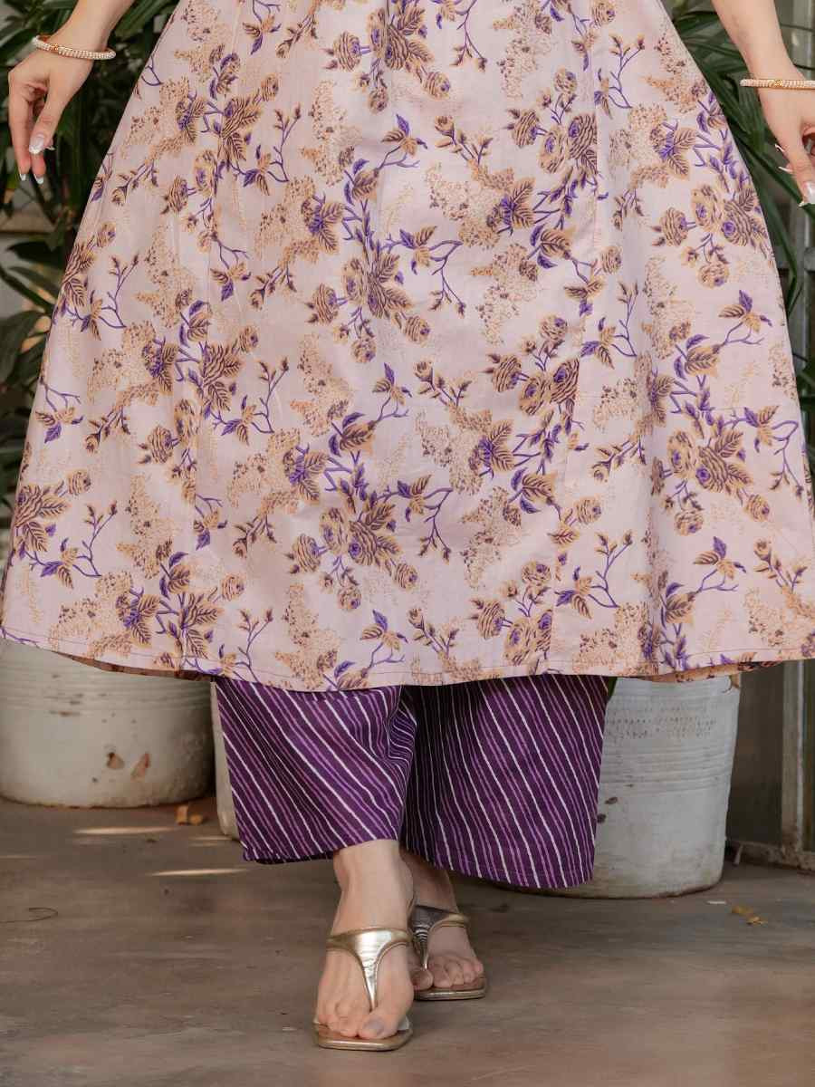 Off White Cotton Printed Party Casual Ready Pant Salwar Kameez