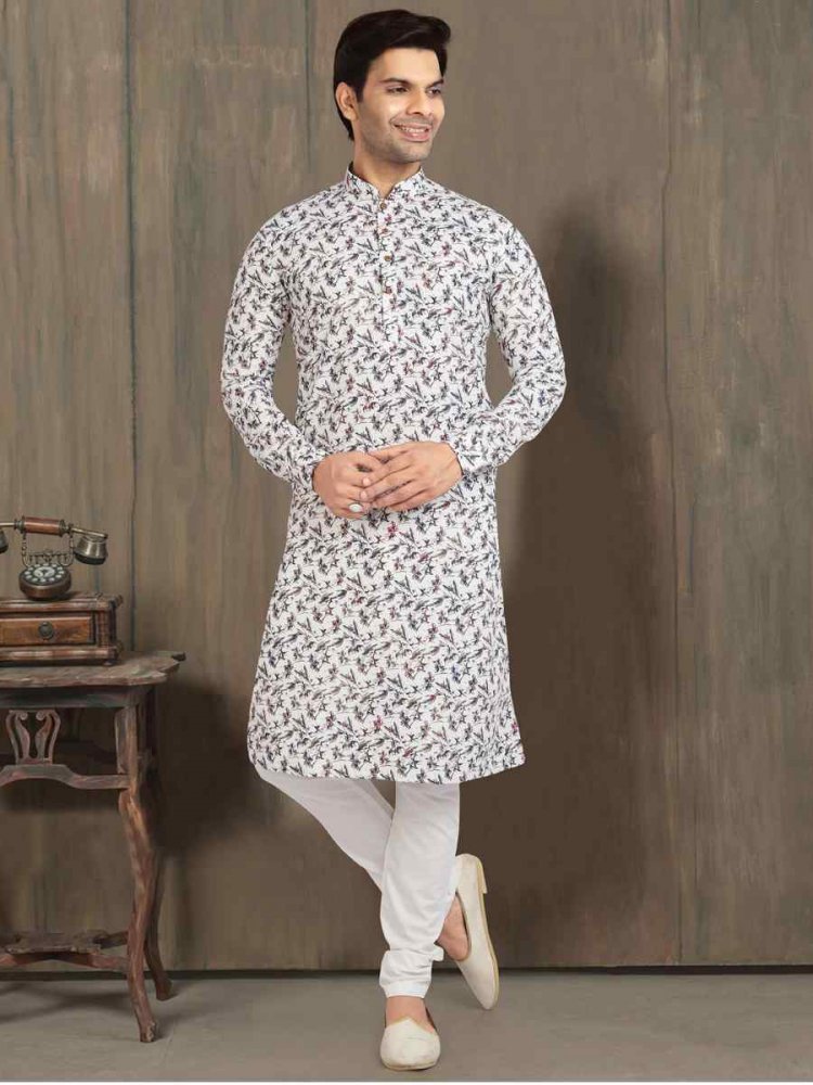 Off White Cotton Printed Plain Festival Party Kurta