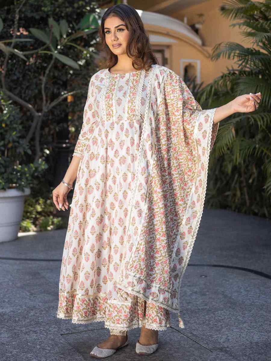 Off White Cotton�Printed Casual Festival Pant Salwar Kameez