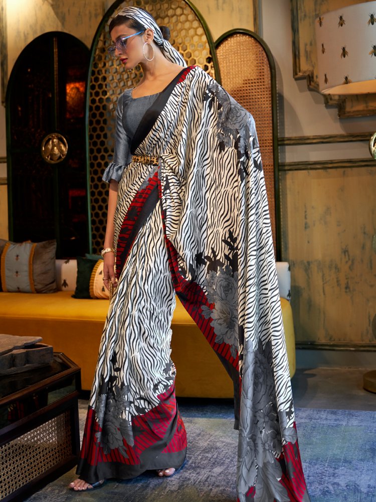 Off White Crepe Festival Printed Saree