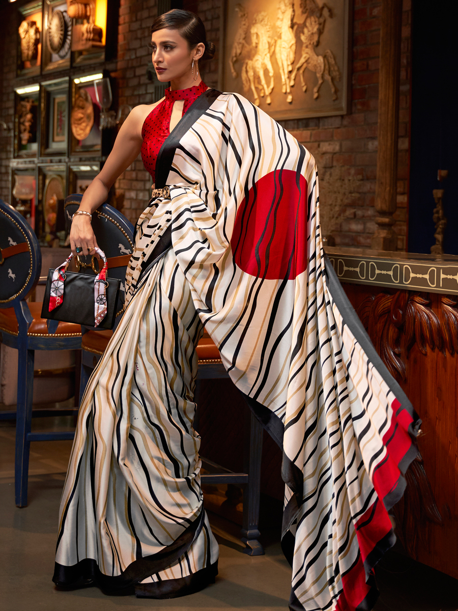 Off White Crepe Festival Printed Saree