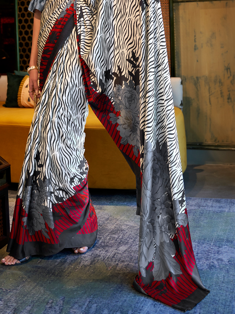 Off White Crepe Festival Printed Saree