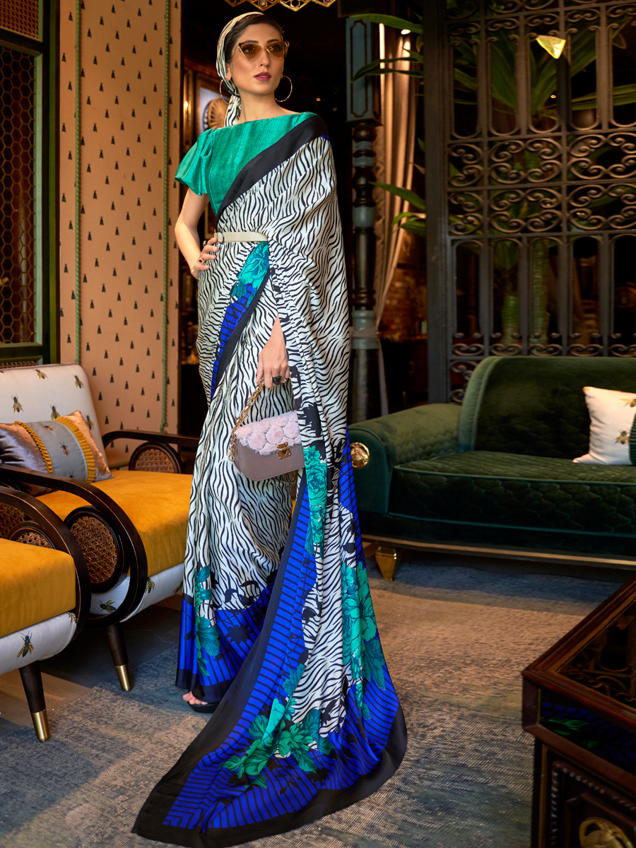 Off White Crepe Festival Printed Saree