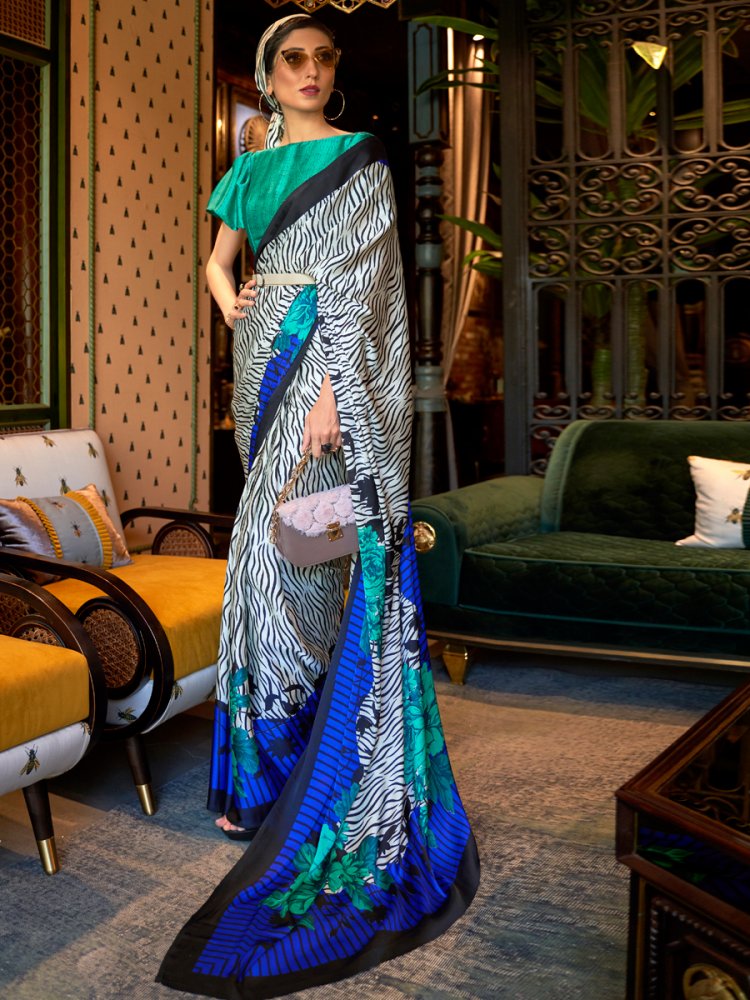 Off White Crepe Festival Printed Saree