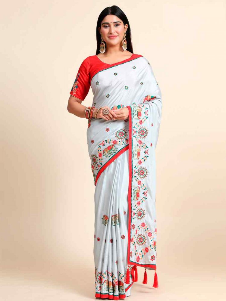 Off White Crepe Silk Embroidered Party Wedding Classic Style Saree