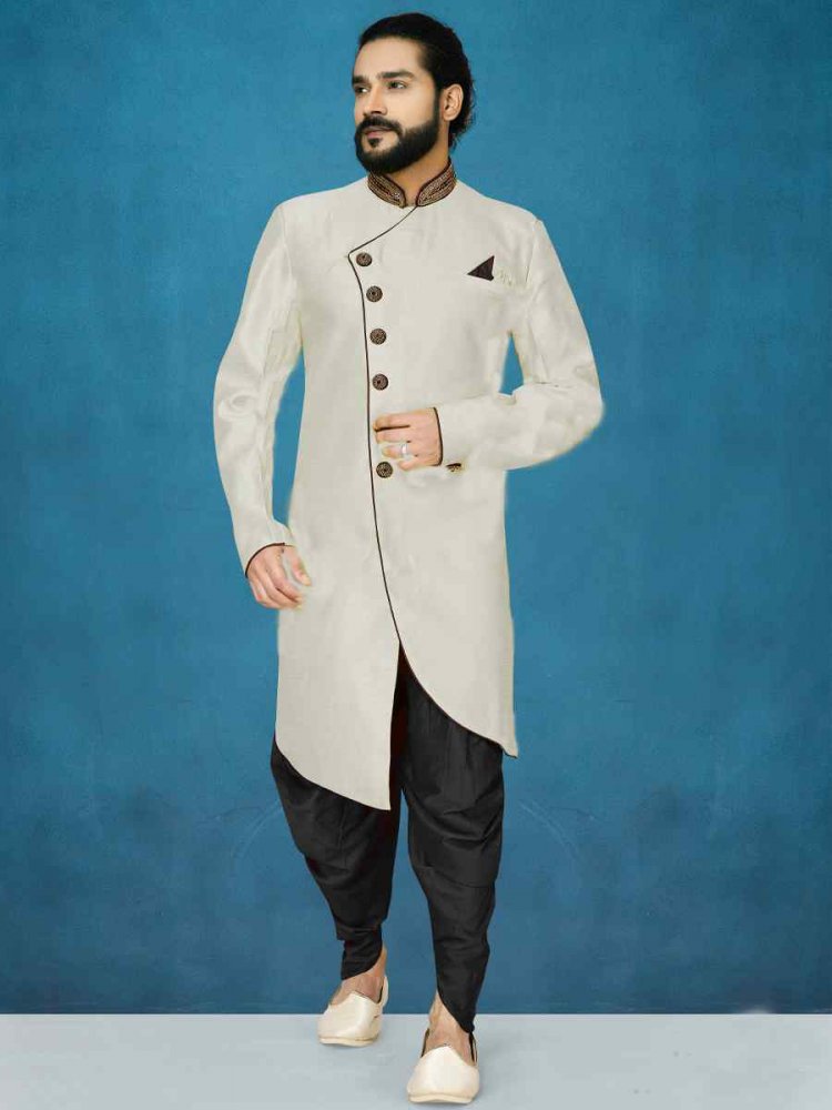 Off White Dupion Art Silk Cutwork Wedding Party Sherwani