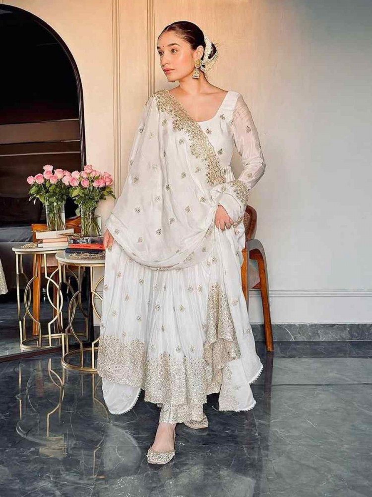 Off White Faux Blooming Embroidered Party Casual Ready Anarkali Salwar Kameez