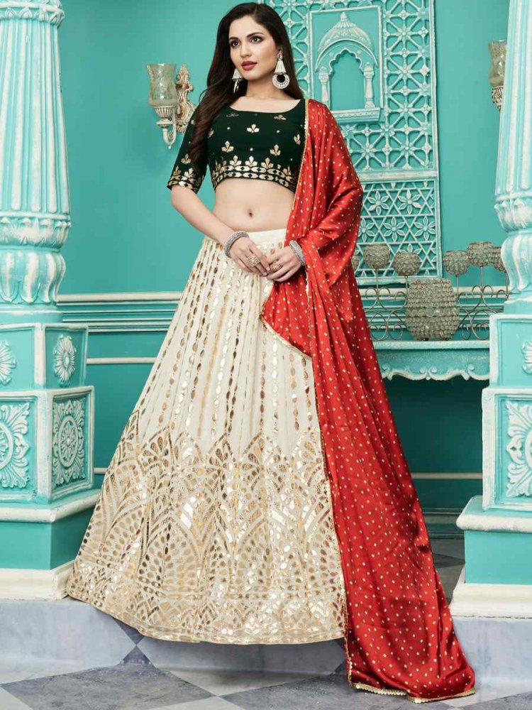 Off White Faux Georgette Embroidered Engagement Wedding Heavy Border Lehenga Choli