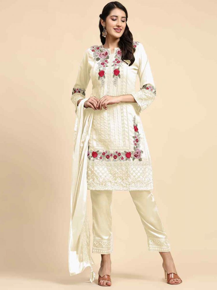 Off White Faux Georgette Embroidered Festival Party Pant Salwar Kameez
