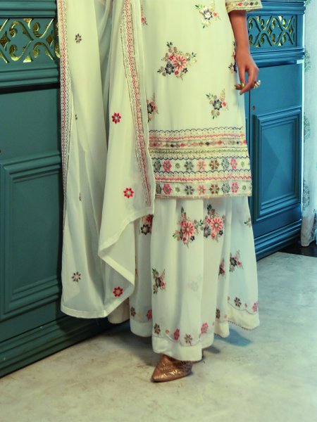 Off White Faux Georgette Embroidered Festival Wedding Palazzo Pant Salwar Kameez