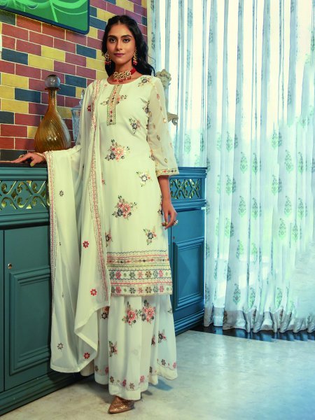 Off White Faux Georgette Embroidered Festival Wedding Palazzo Pant Salwar Kameez
