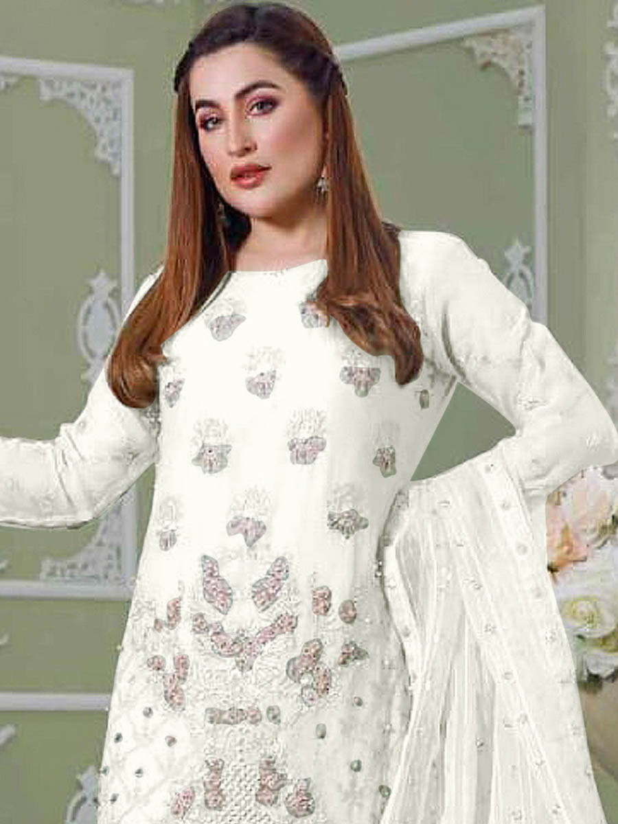 Off White Faux Georgette Embroidered Festival Wedding Pant Salwar Kameez