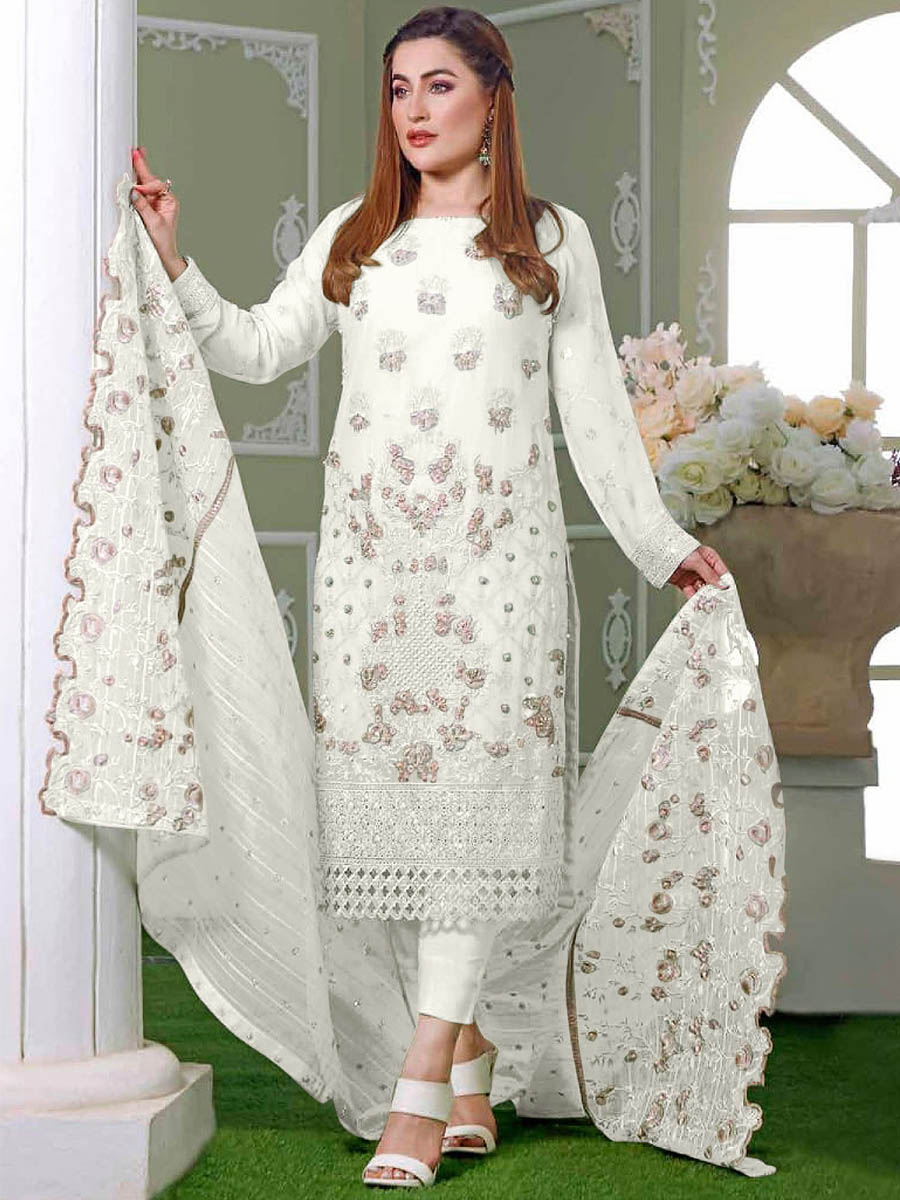 Off White Faux Georgette Embroidered Festival Wedding Pant Salwar Kameez