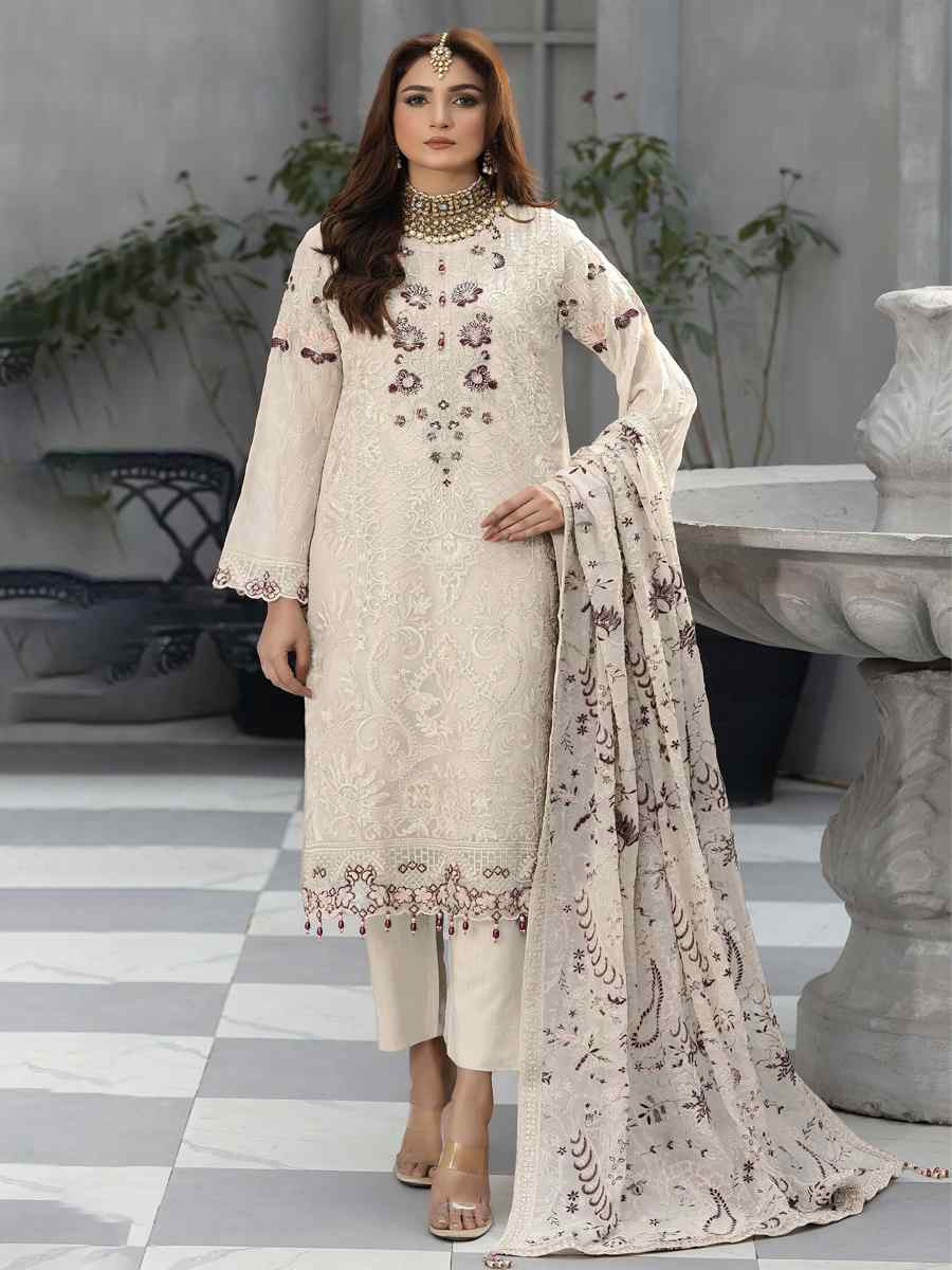 Off-White Faux Georgette Embroidered Festival Wedding Pant Salwar Kameez