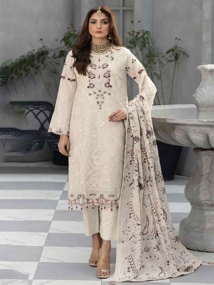 Off-White Faux Georgette Embroidered Festival Wedding Pant Salwar Kameez