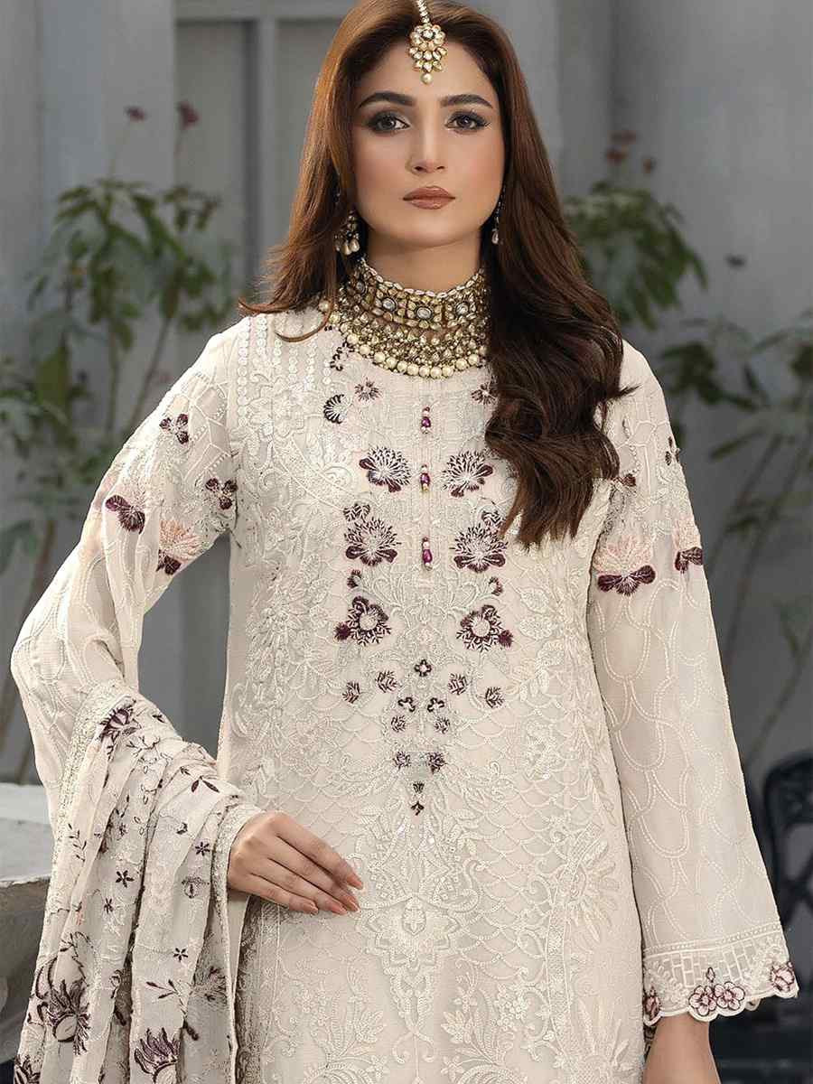 Off-White Faux Georgette Embroidered Festival Wedding Pant Salwar Kameez