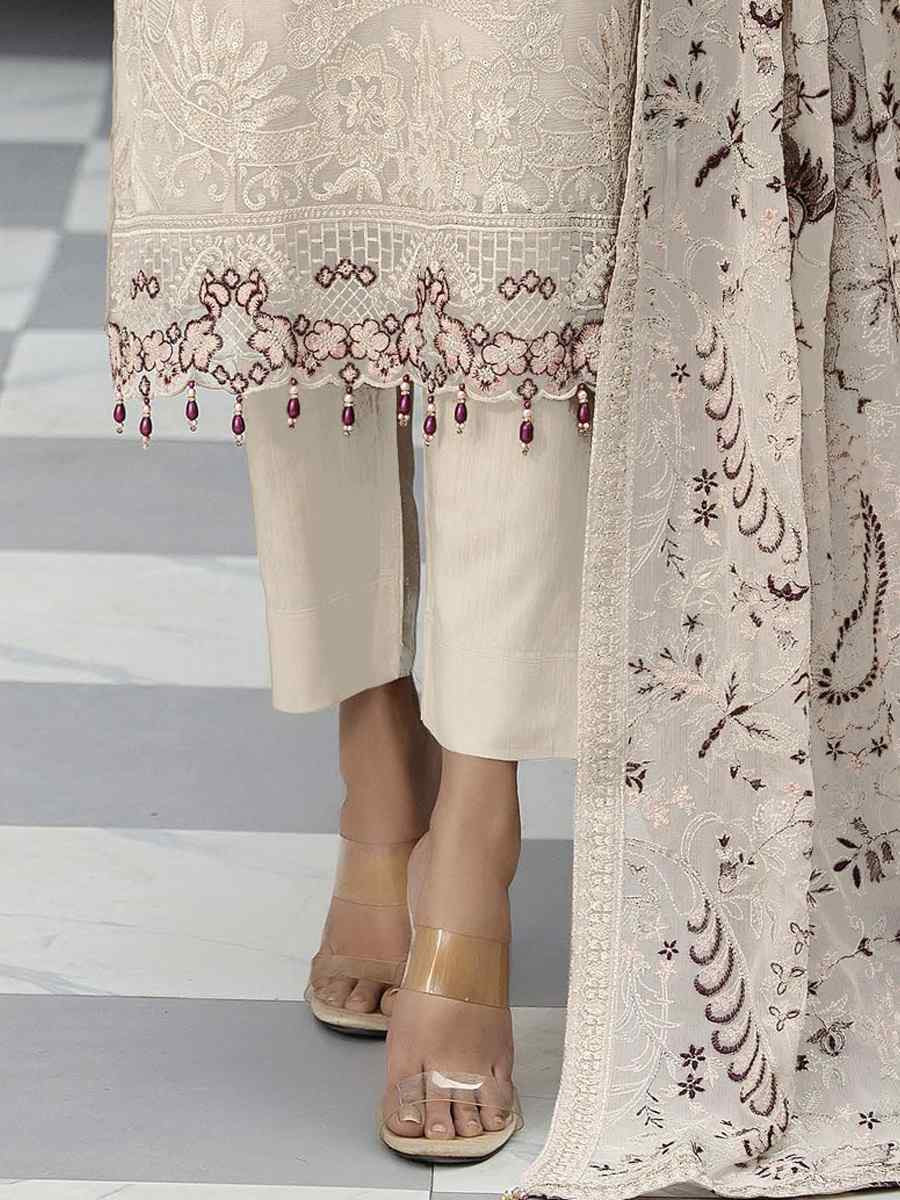 Off-White Faux Georgette Embroidered Festival Wedding Pant Salwar Kameez